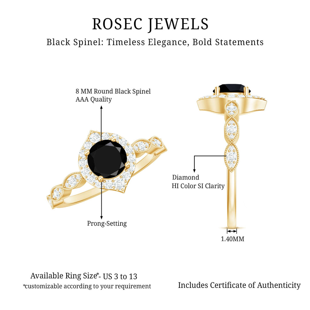 Vintage Black Spinel Engagement Ring with Diamond Halo