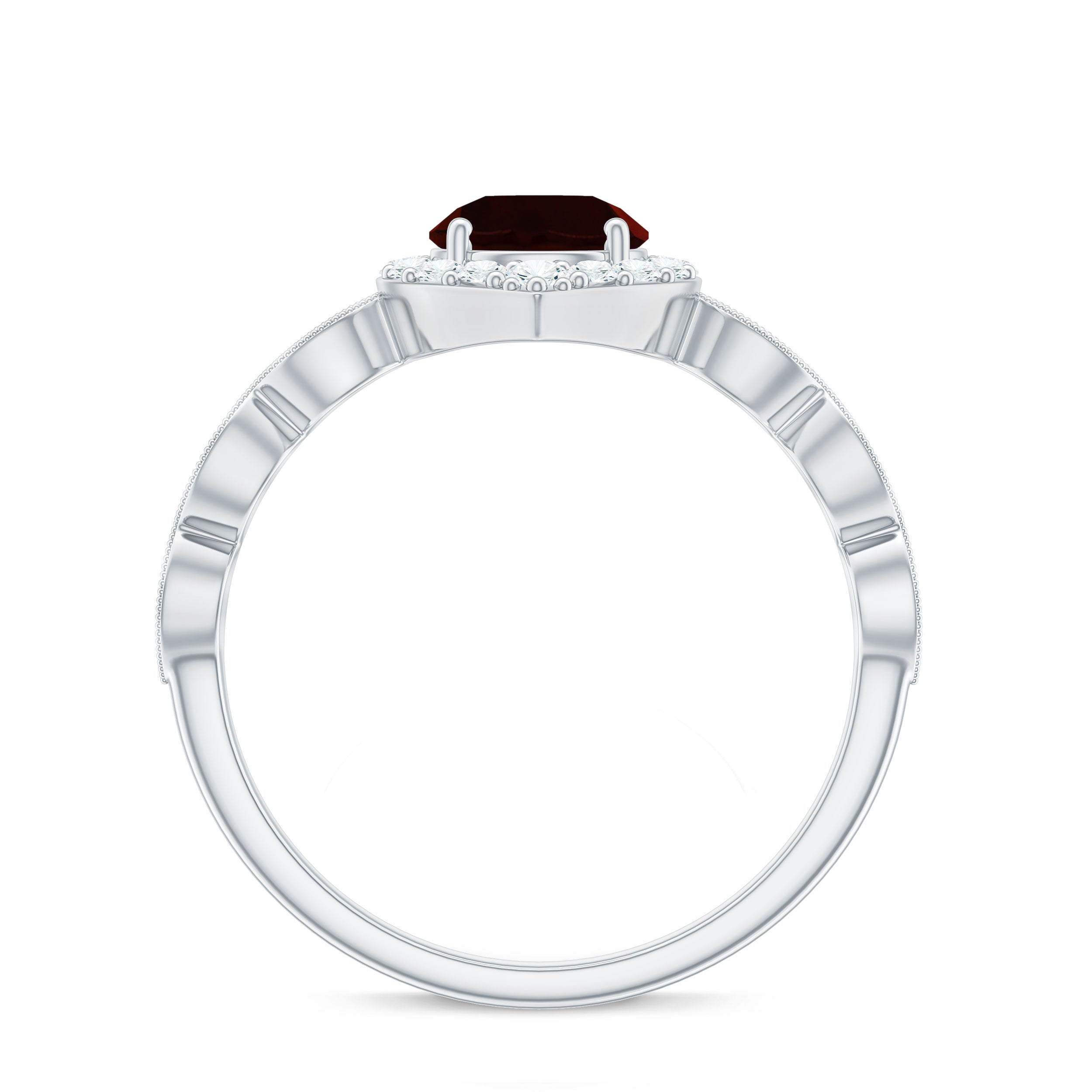 Vintage Looking Garnet Engagement Ring with Diamond Halo