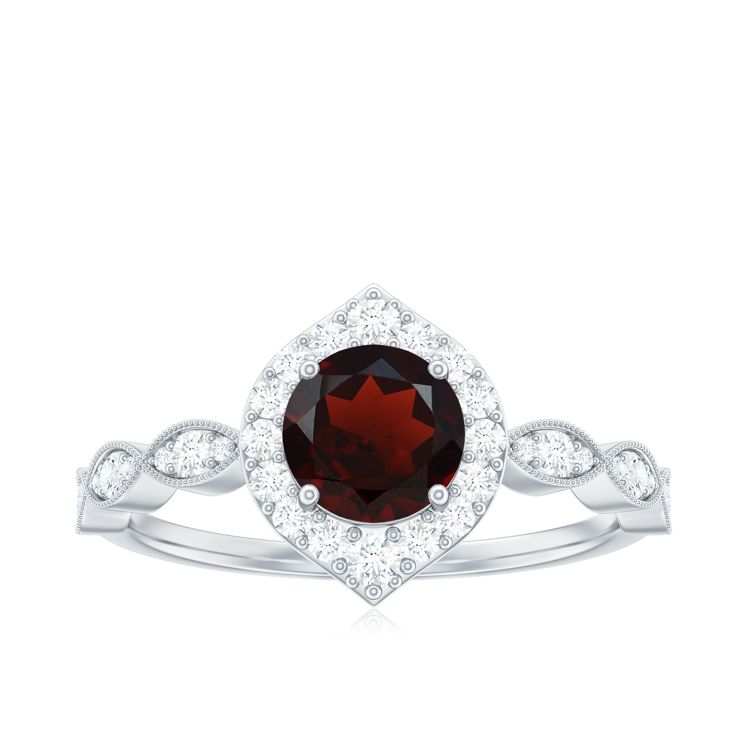 Vintage Looking Garnet Engagement Ring with Diamond Halo