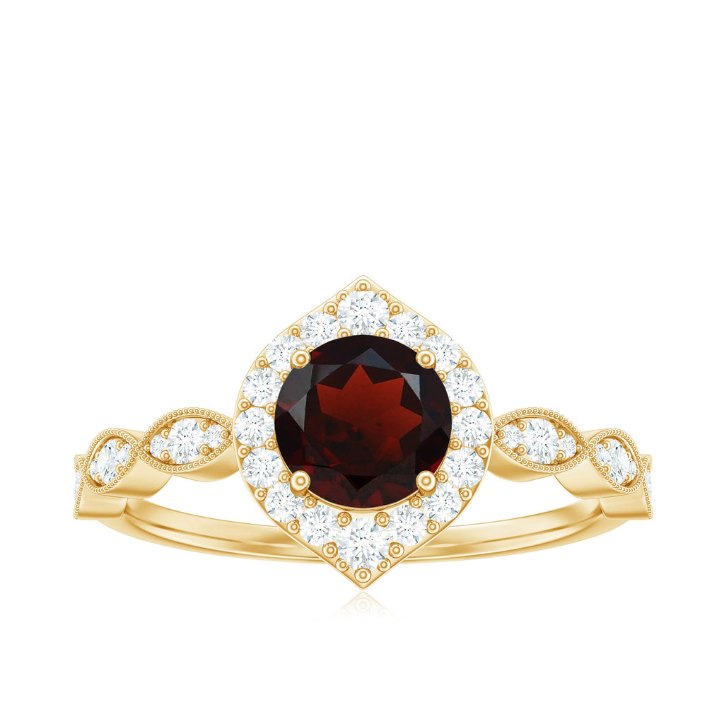 Vintage Looking Garnet Engagement Ring with Diamond Halo