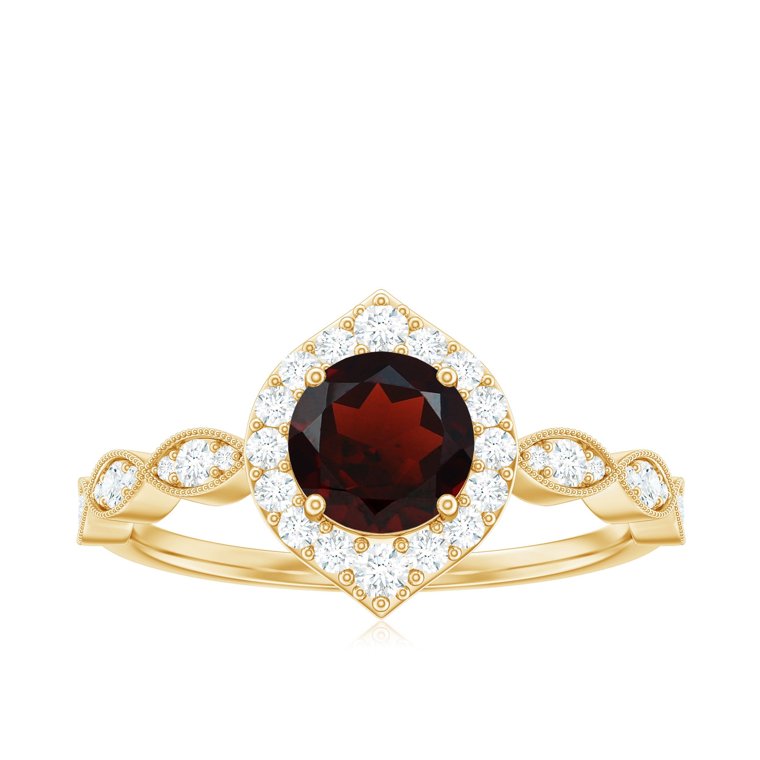 Vintage Looking Garnet Engagement Ring with Diamond Halo