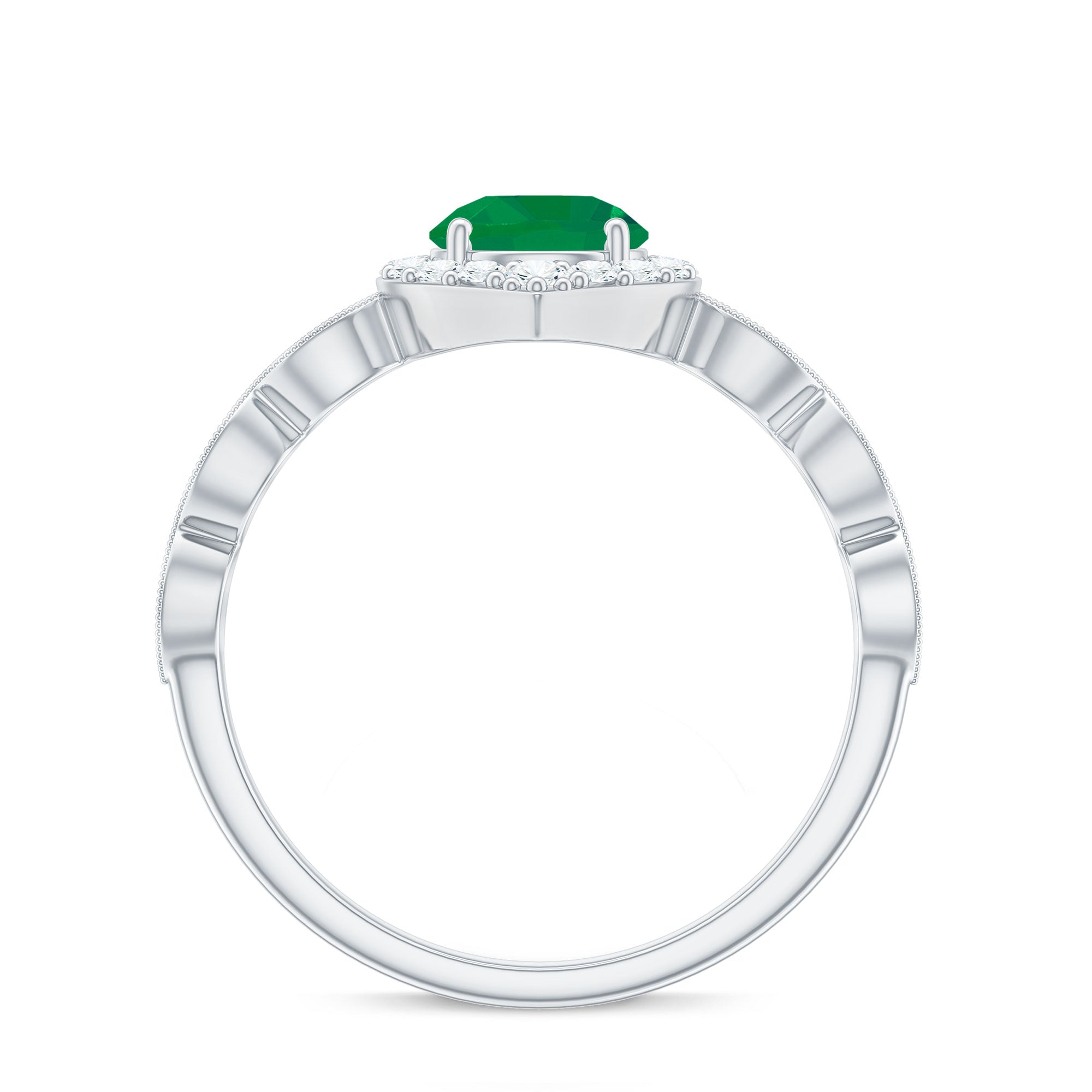 Natural Emerald Vintage Looking Engagement Ring with Diamond Halo