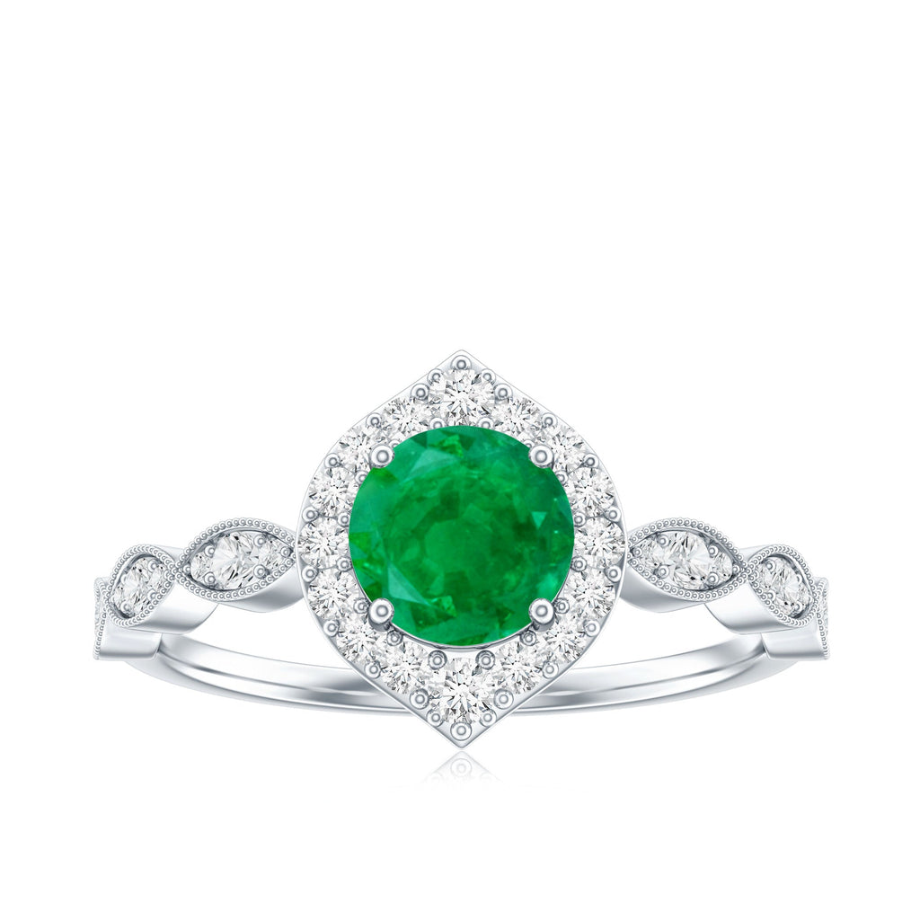 Natural Emerald Vintage Looking Engagement Ring with Diamond Halo