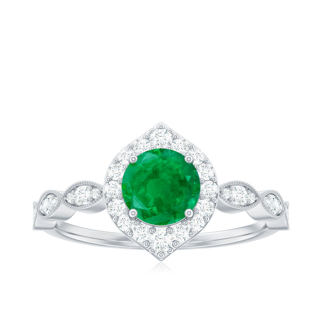 Natural Emerald Vintage Looking Engagement Ring with Diamond Halo