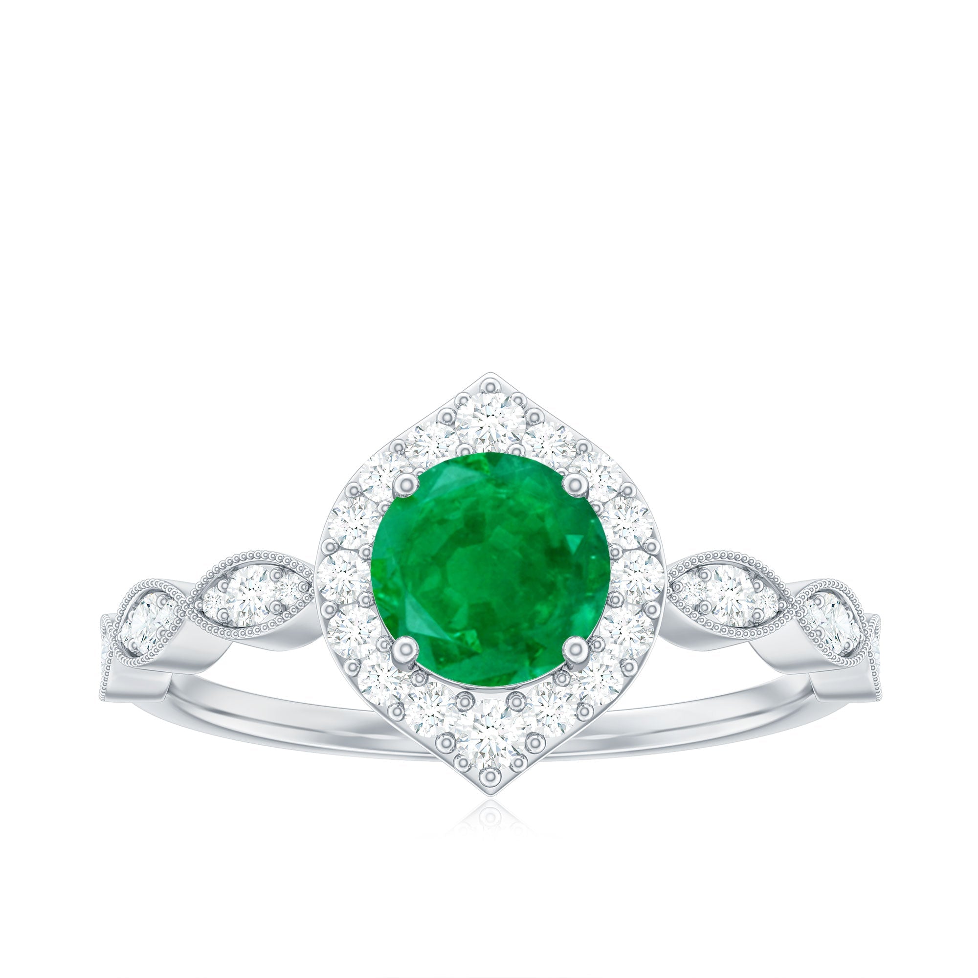 Natural Emerald Vintage Looking Engagement Ring with Diamond Halo