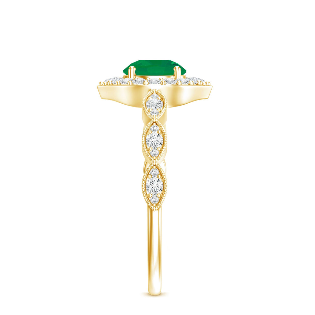 Natural Emerald Vintage Looking Engagement Ring with Diamond Halo