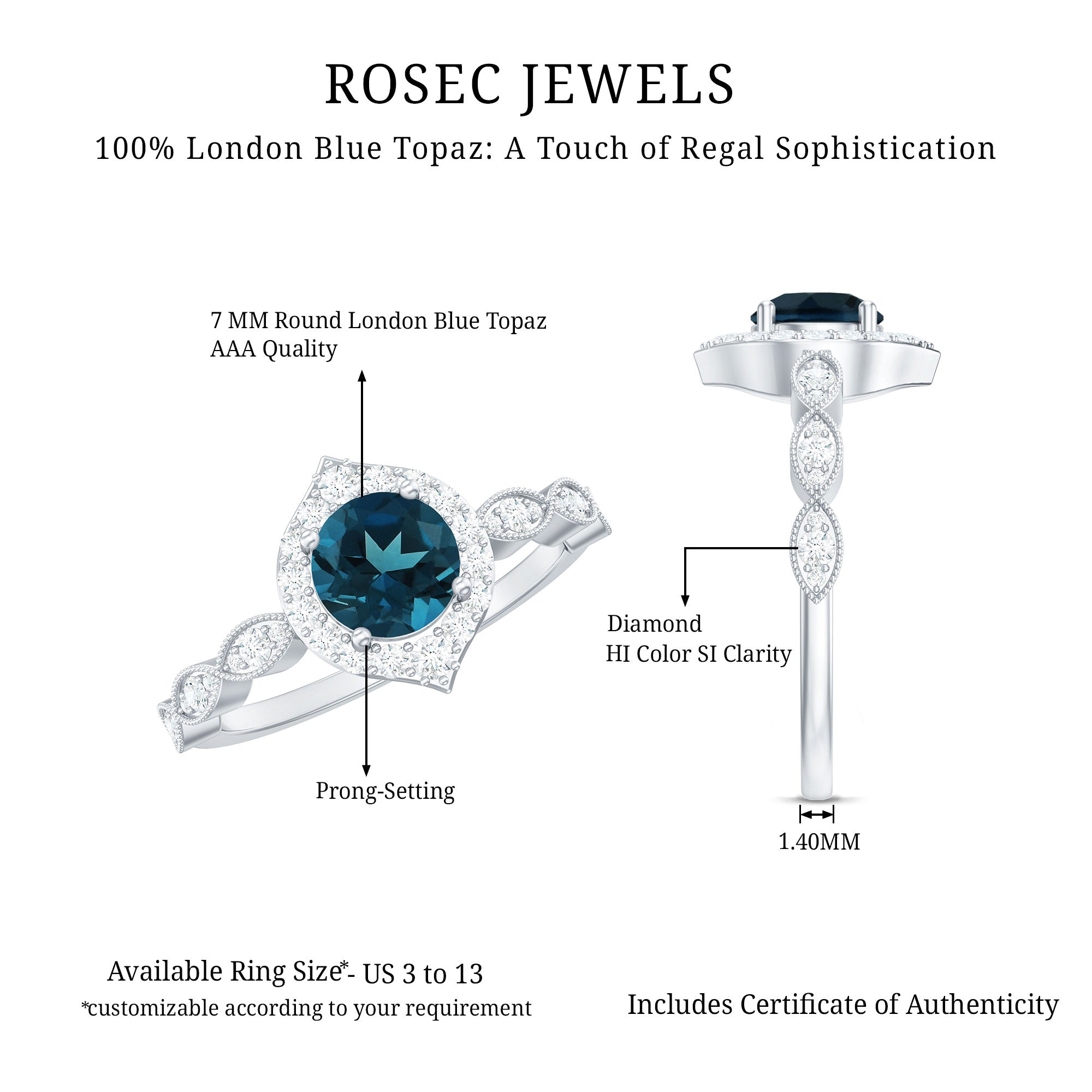 London Blue Topaz Vintage Halo Engagement Ring with Diamond
