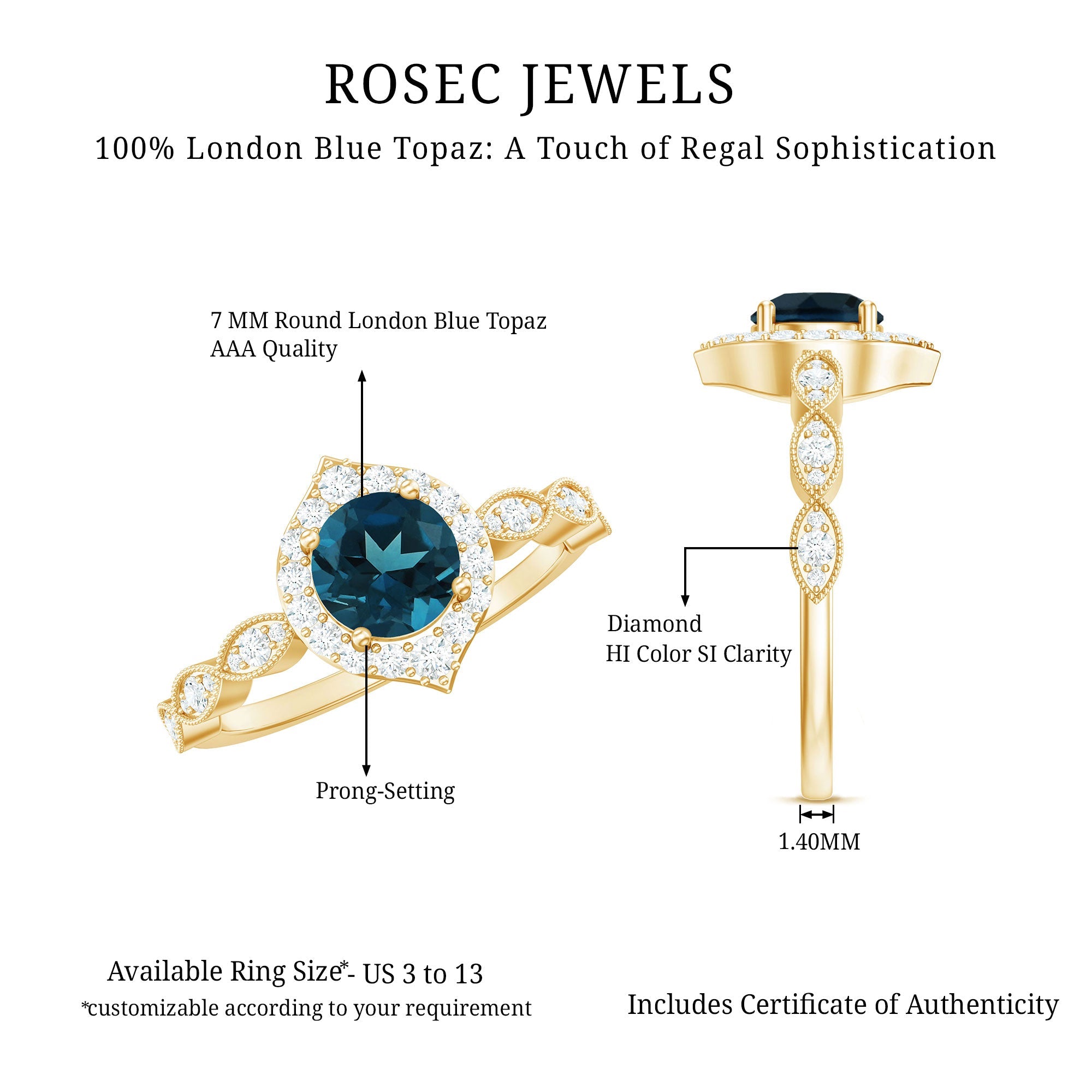 London Blue Topaz Vintage Halo Engagement Ring with Diamond