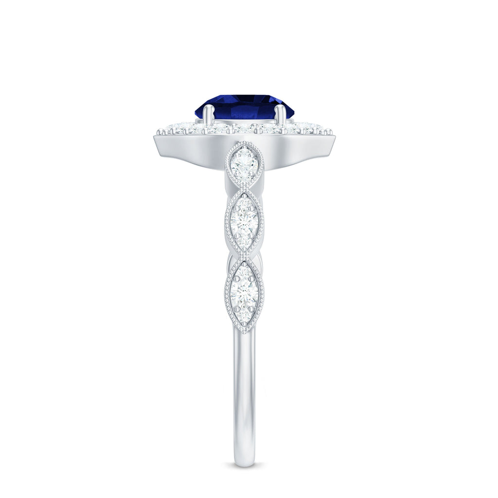 Vintage Inspired 1 Carat Lab Grown Blue Sapphire Engagement Ring with Diamond Halo