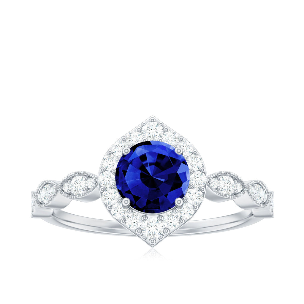 Vintage Inspired 1 Carat Lab Grown Blue Sapphire Engagement Ring with Diamond Halo