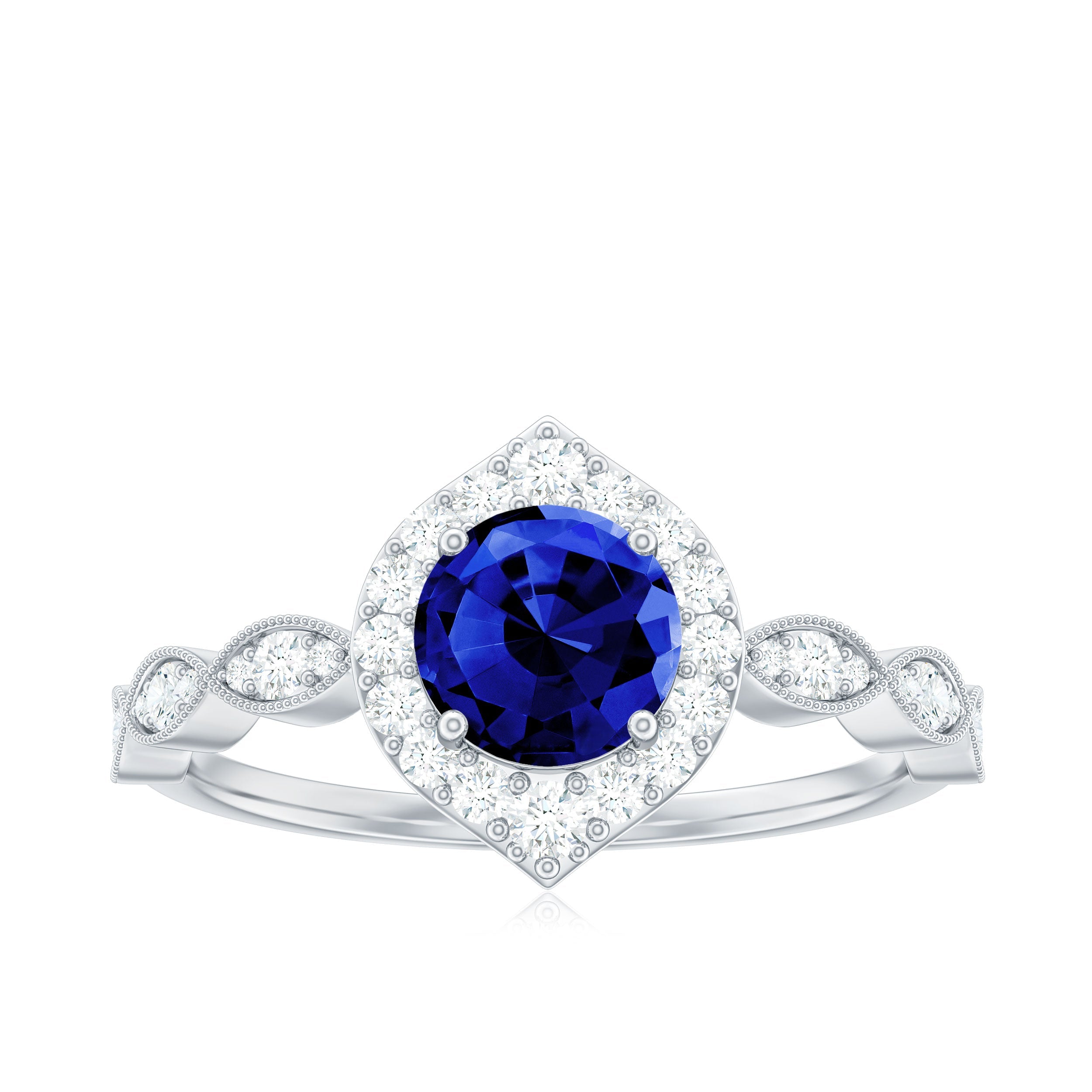 Vintage Inspired 1 Carat Lab Grown Blue Sapphire Engagement Ring with Diamond Halo