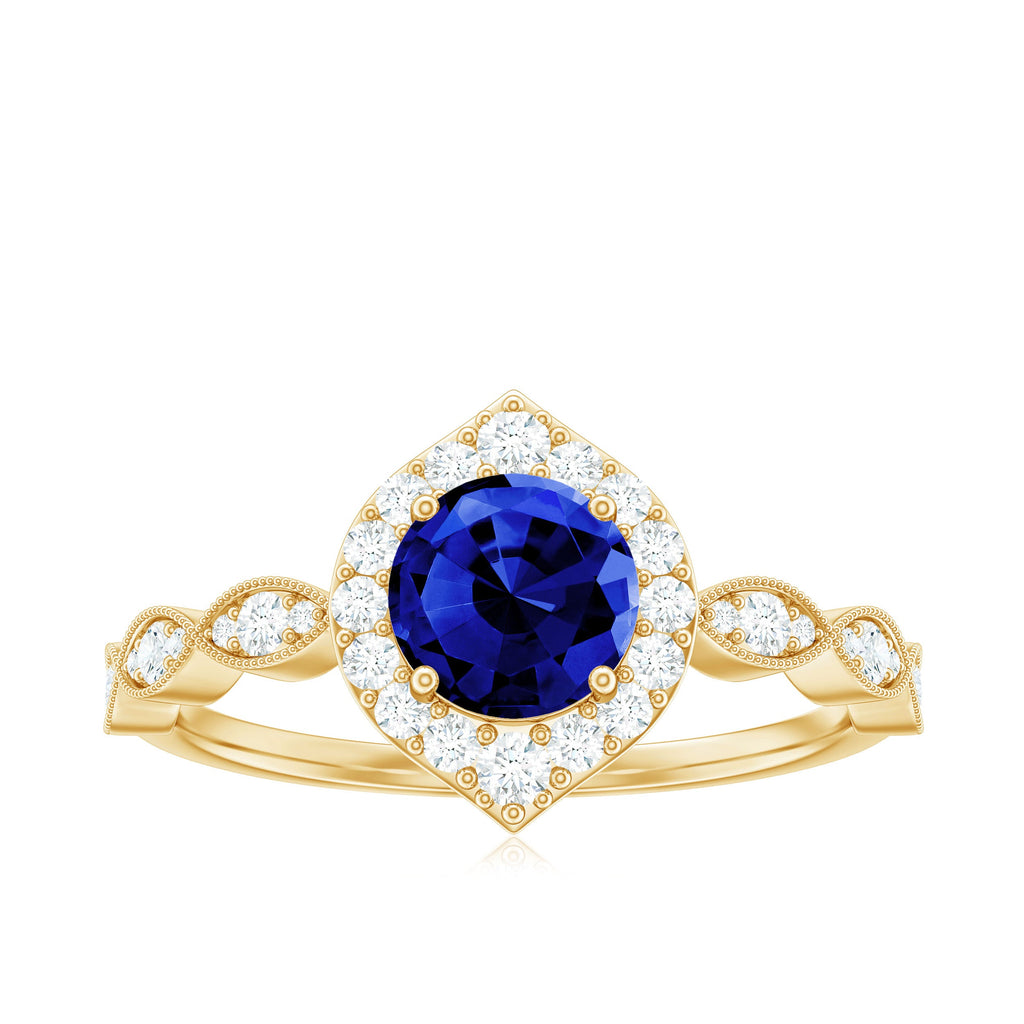 Vintage Inspired 1 Carat Lab Grown Blue Sapphire Engagement Ring with Diamond Halo