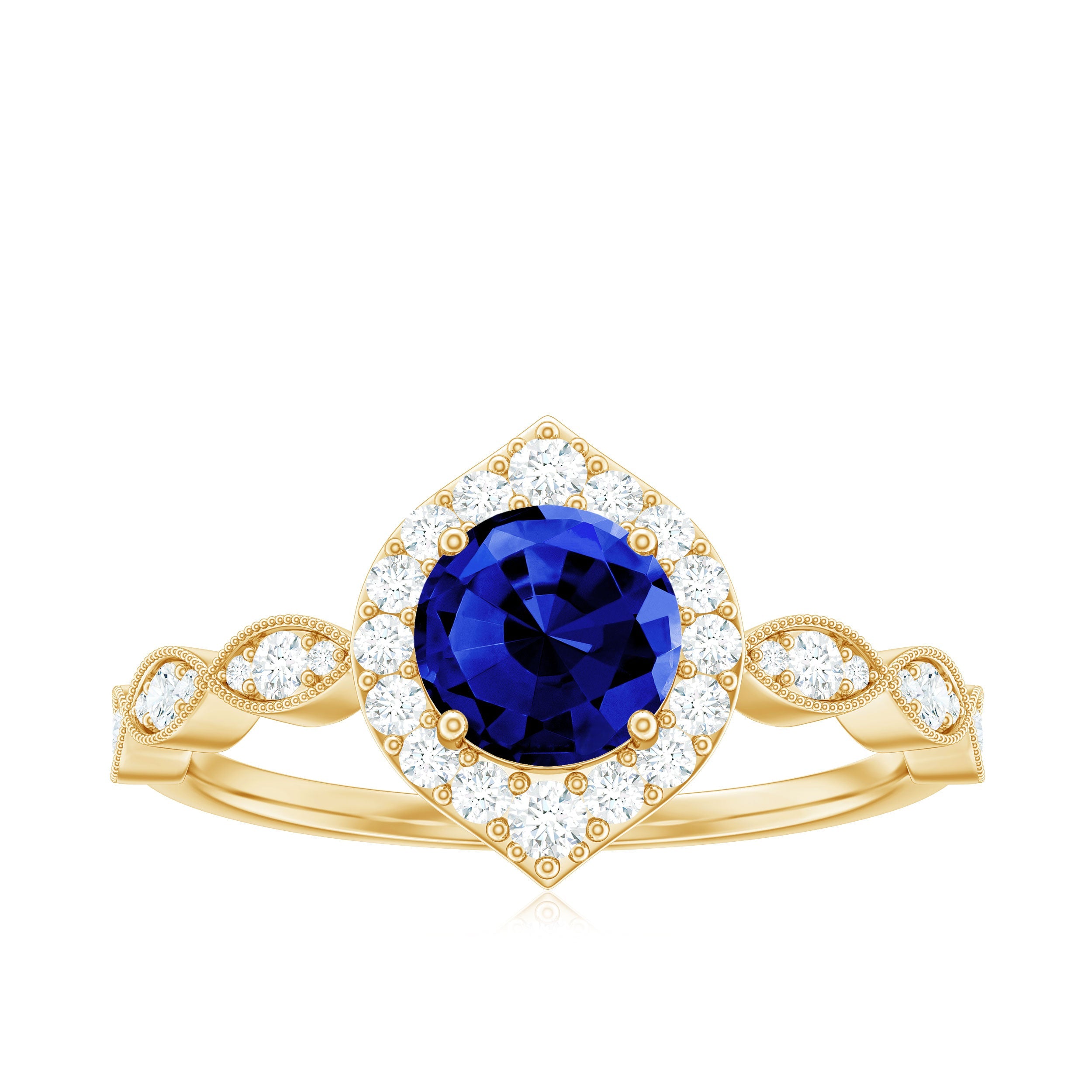 Vintage Inspired 1 Carat Lab Grown Blue Sapphire Engagement Ring with Diamond Halo