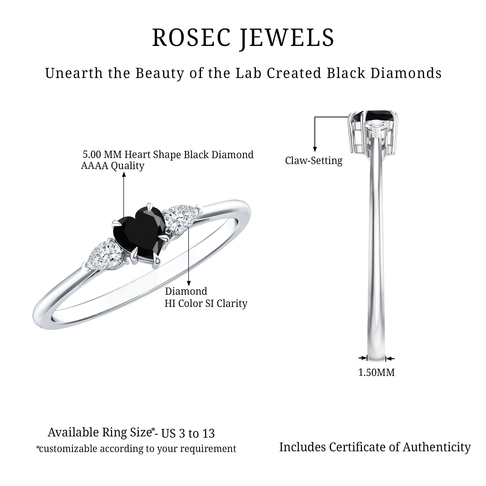 Certified Lab Grown Black Diamond Heart Promise Ring with White Diamond