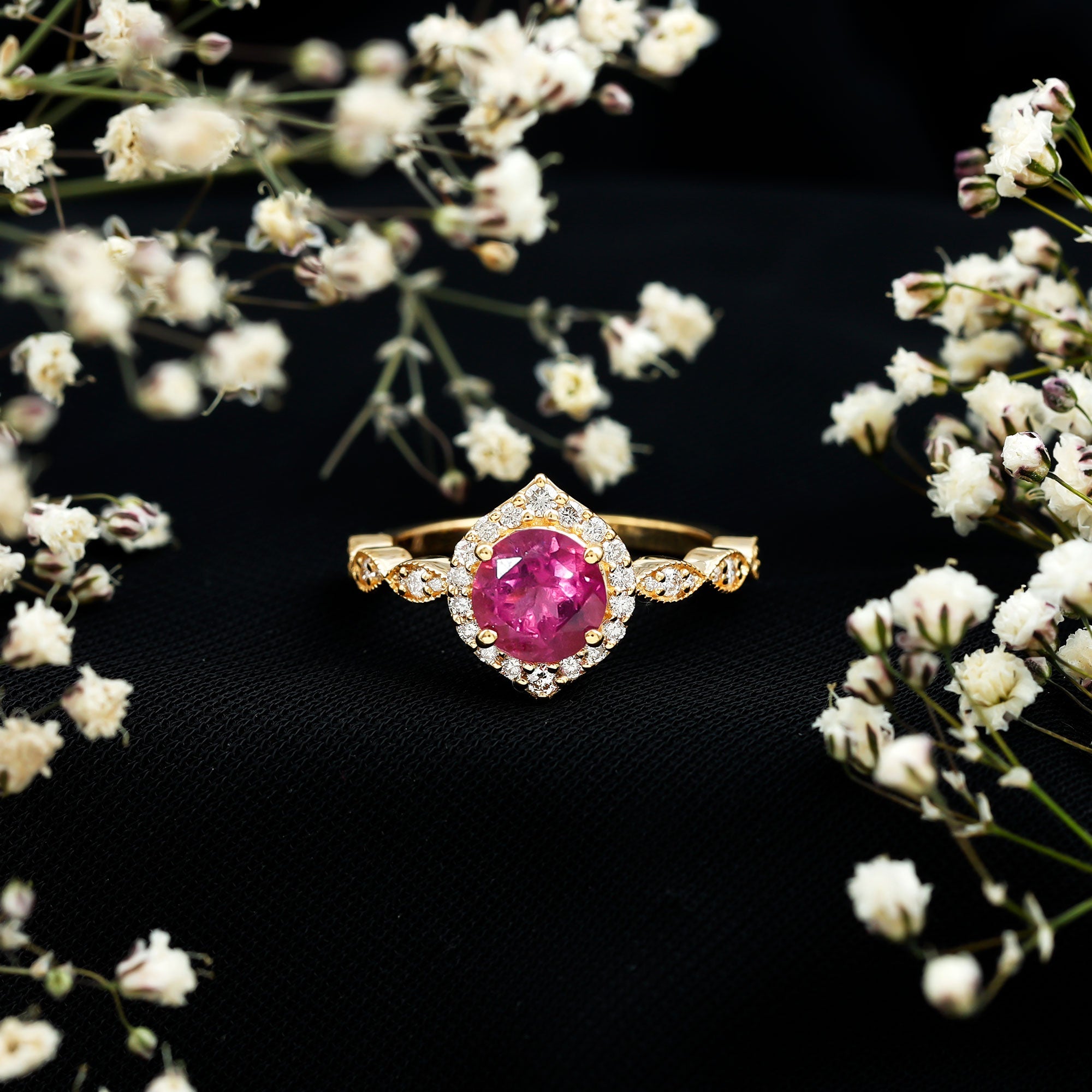 Genuine Pink Tourmaline Vintage Engagement Ring with Diamond
