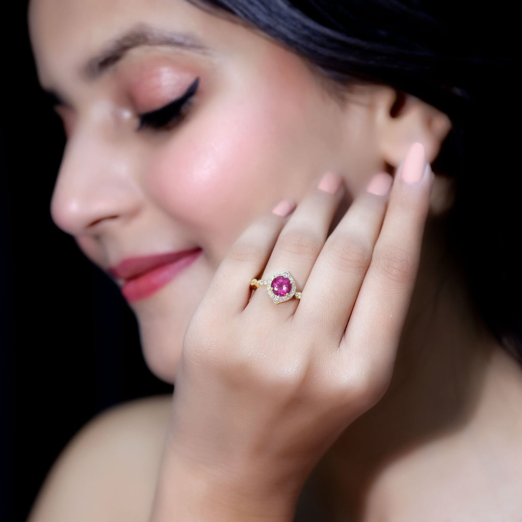 Genuine Pink Tourmaline Vintage Engagement Ring with Diamond