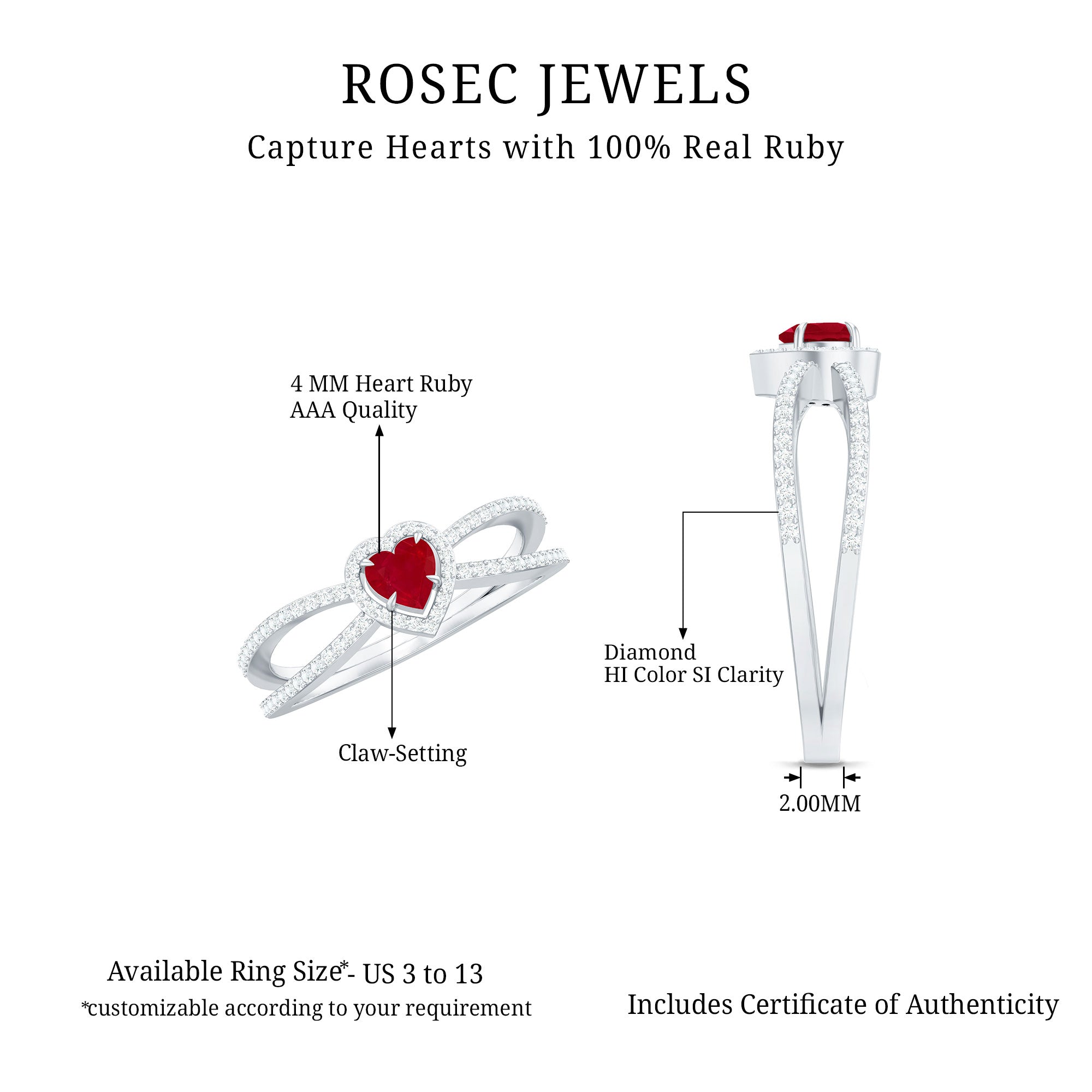 Natural Ruby Heart Engagement Ring with Diamond Split Shank