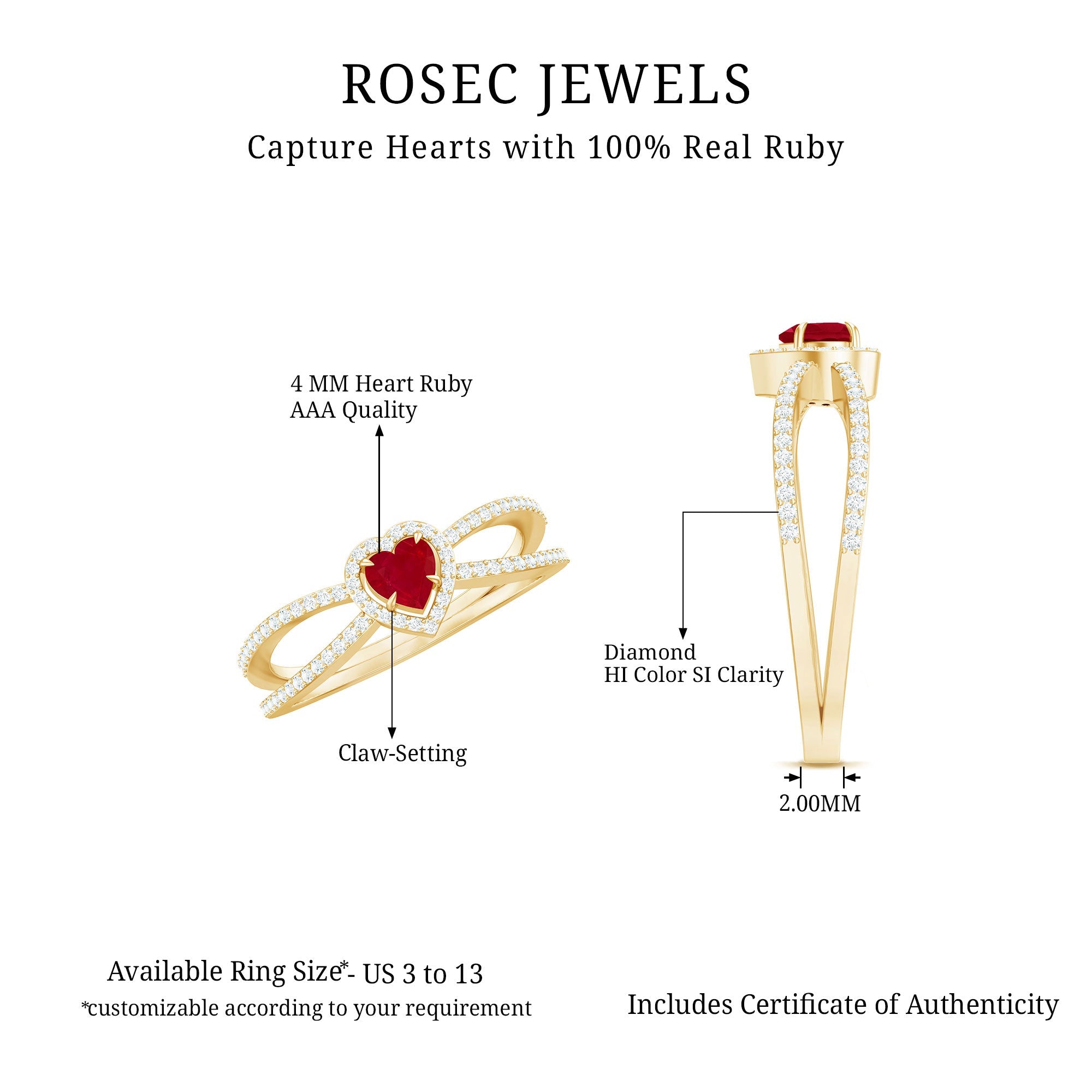 Natural Ruby Heart Engagement Ring with Diamond Split Shank