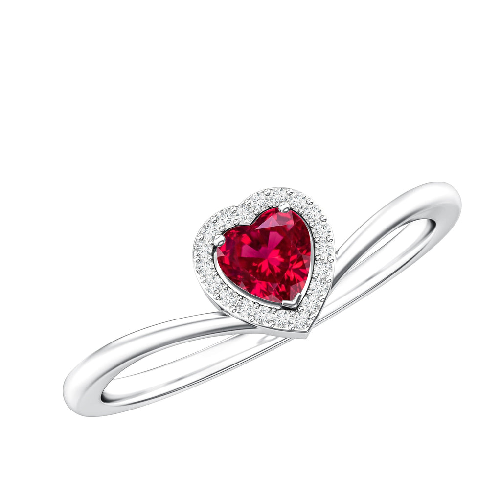 Lab Grown Ruby Heart Promise Ring with Diamond Halo