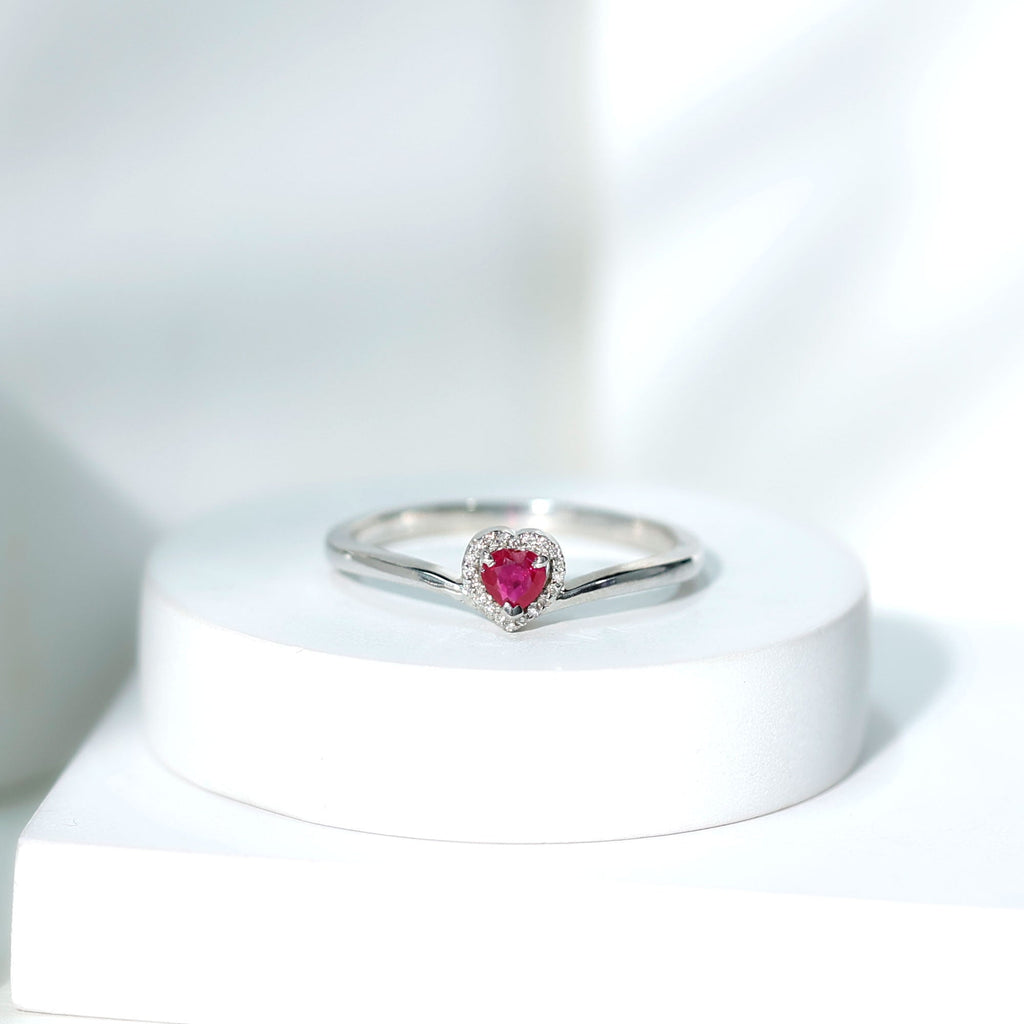 Genuine Half Carat Ruby Heart Promise Ring with Diamond Halo