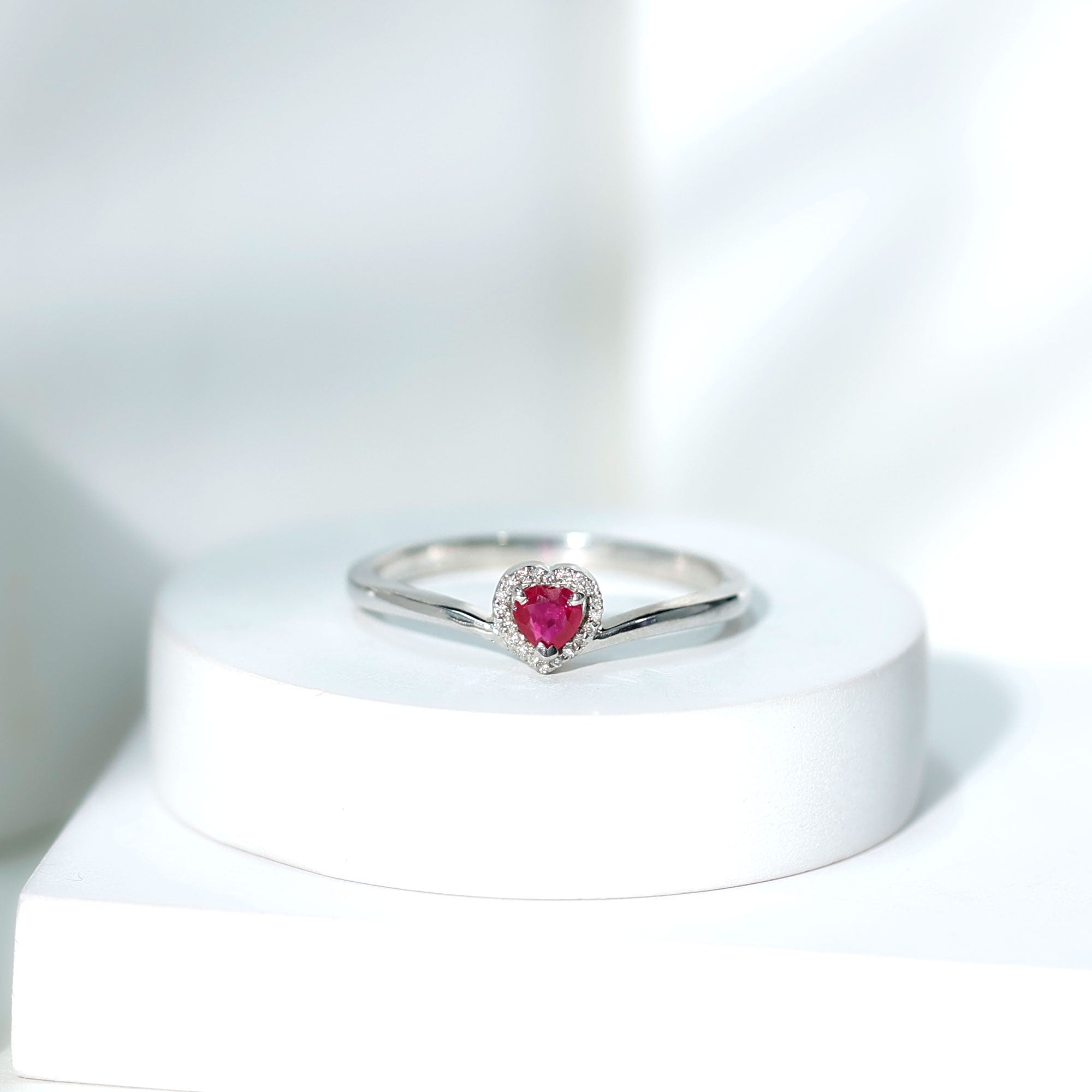 Genuine Half Carat Ruby Heart Promise Ring with Diamond Halo