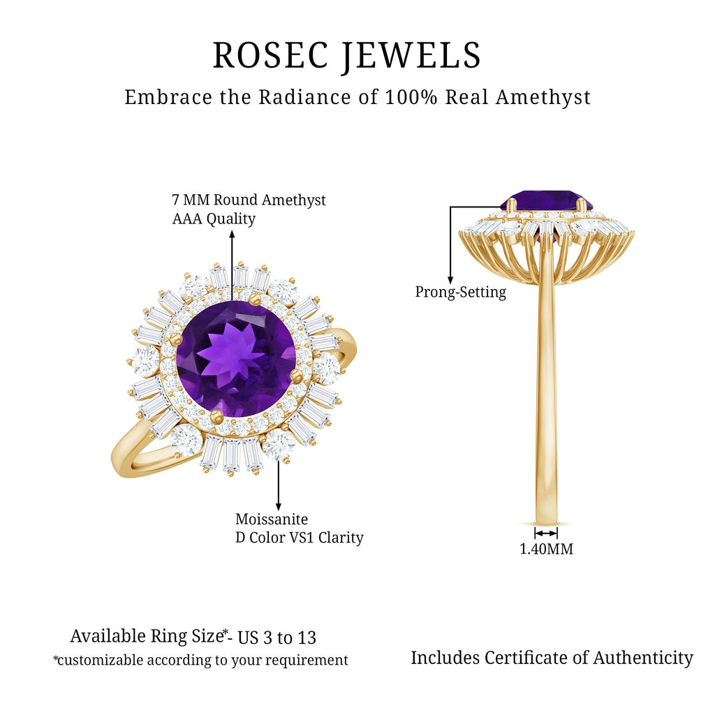 Natural 1.2 Carat Amethyst Statement Engagement Ring with Moissanite Double Halo