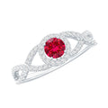 Criss Cross Shank Created Ruby and Diamond Halo Engagement Ring