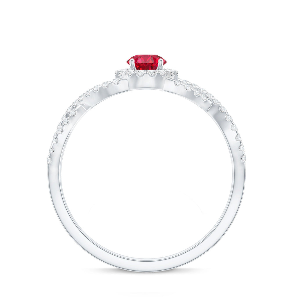 Criss Cross Shank Created Ruby and Diamond Halo Engagement Ring