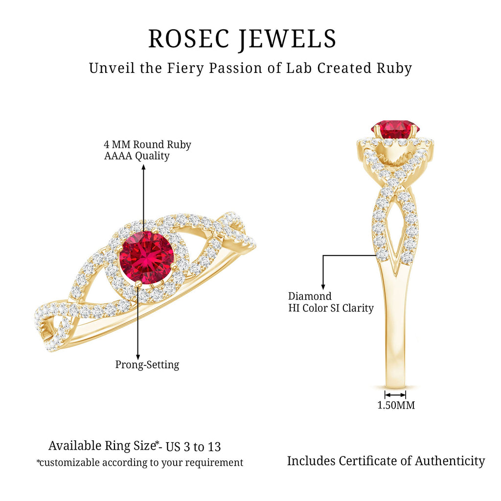 Criss Cross Shank Created Ruby and Diamond Halo Engagement Ring