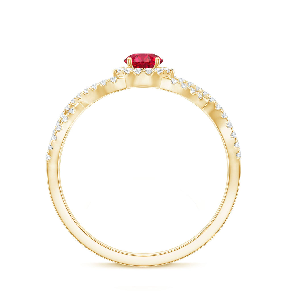 Criss Cross Shank Created Ruby and Diamond Halo Engagement Ring