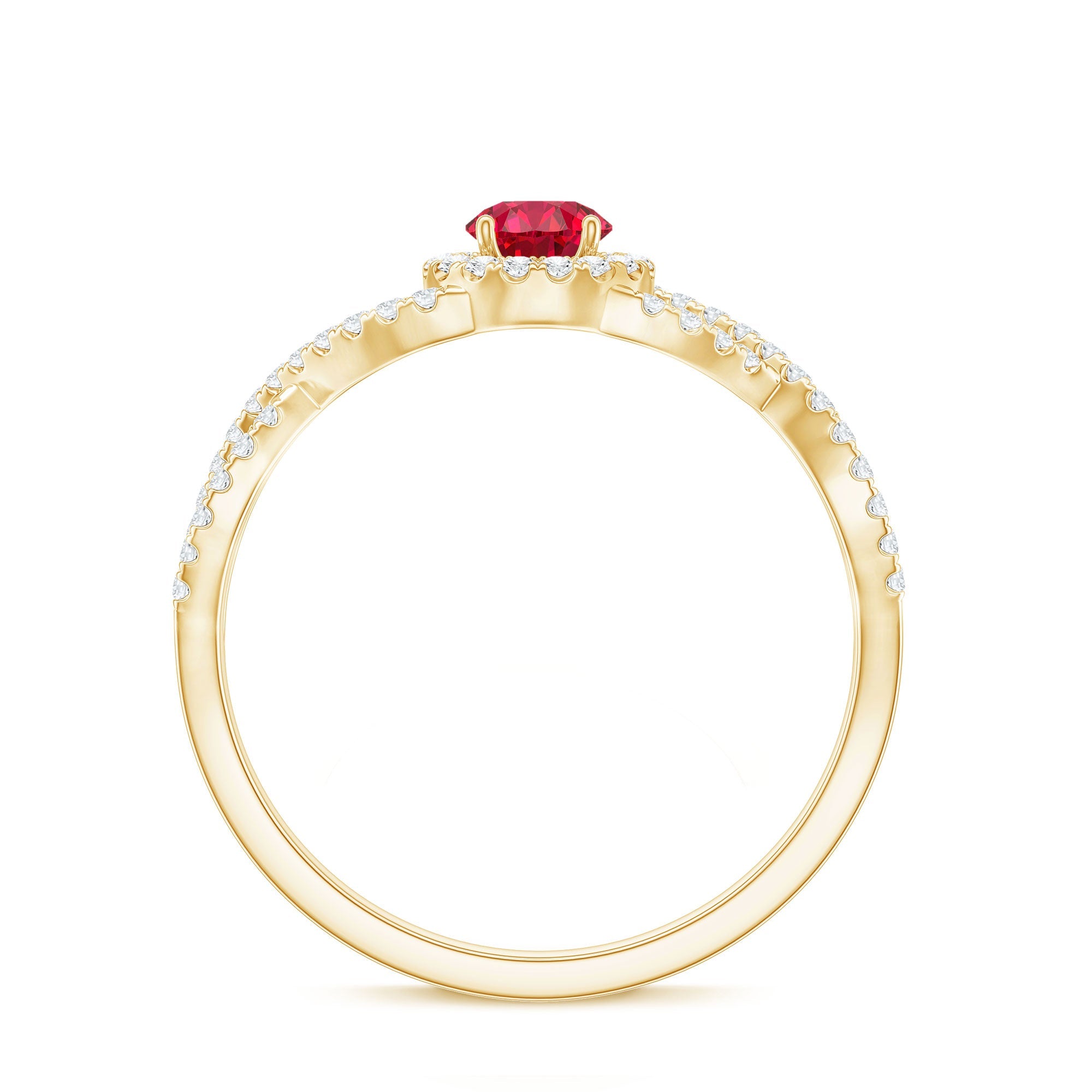 Criss Cross Shank Created Ruby and Diamond Halo Engagement Ring