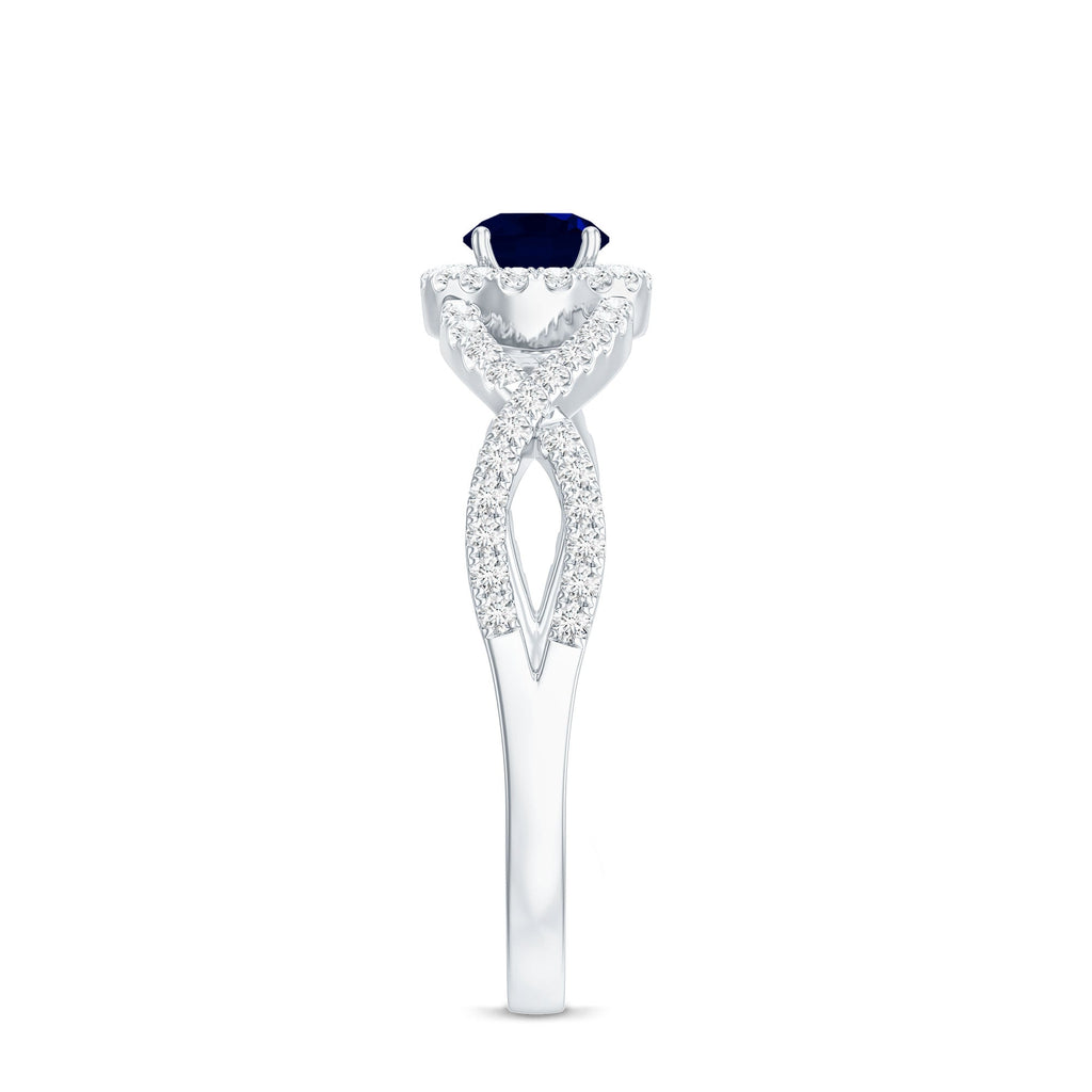 Criss Cross Shank Blue Sapphire and Diamond Halo Engagement Ring
