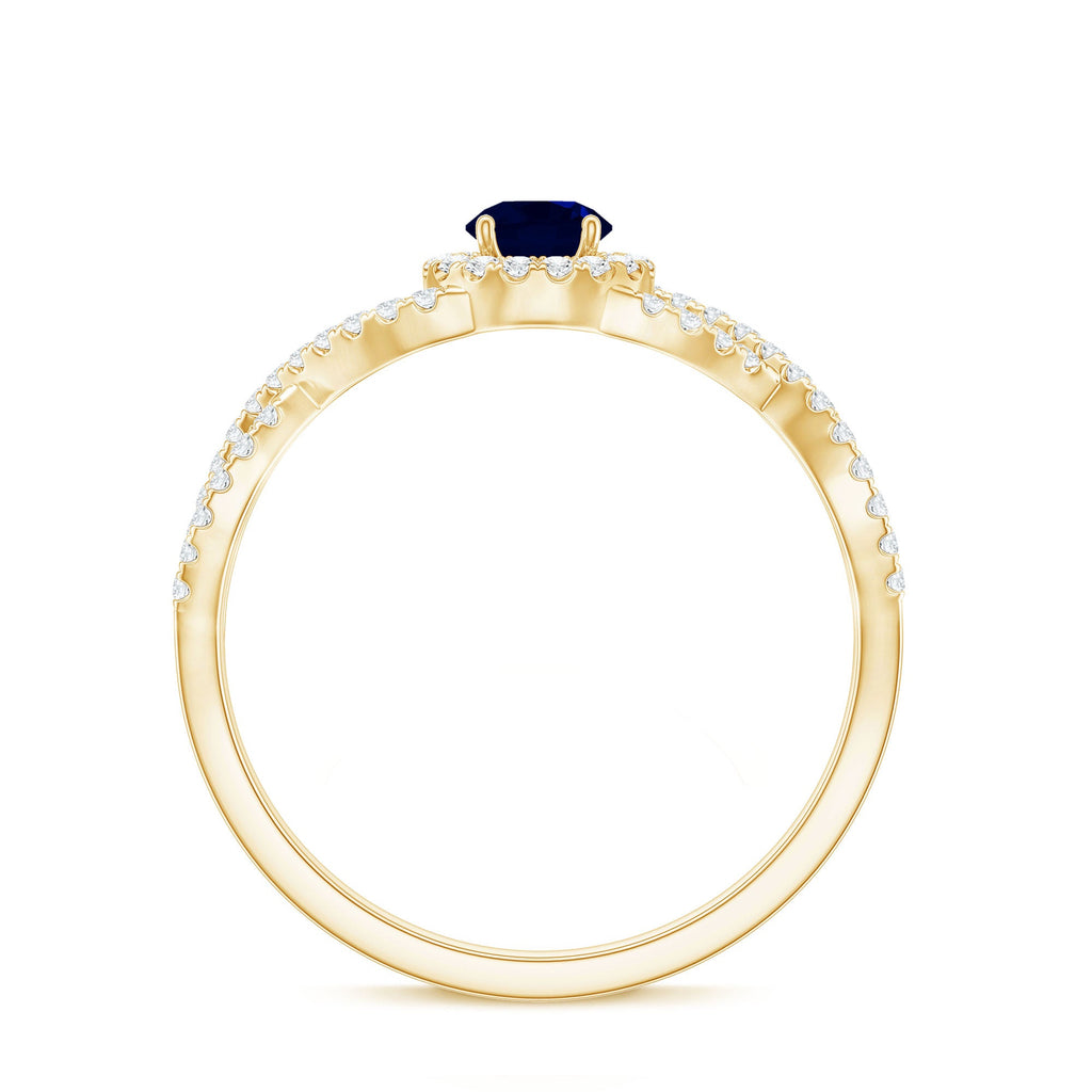Criss Cross Shank Blue Sapphire and Diamond Halo Engagement Ring