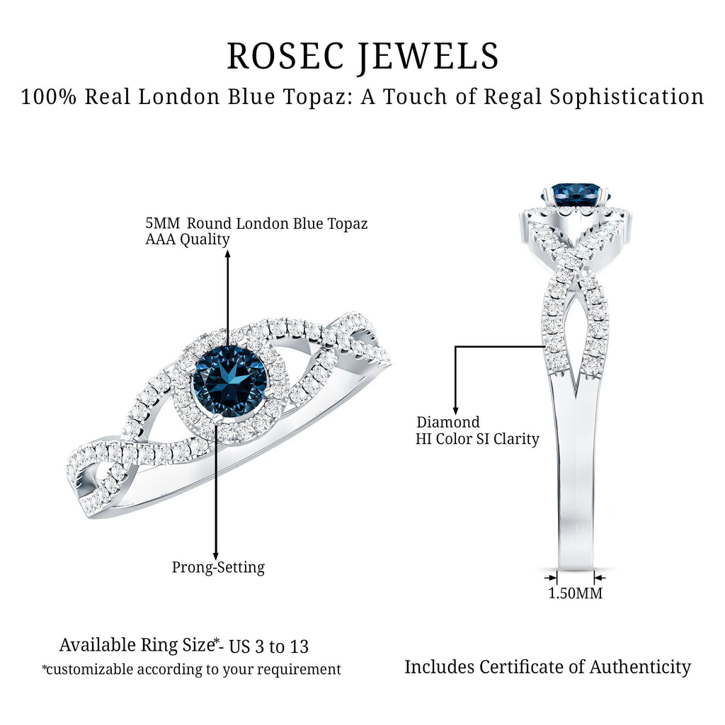 London Blue Topaz Crossover Engagement Ring with Diamond Halo