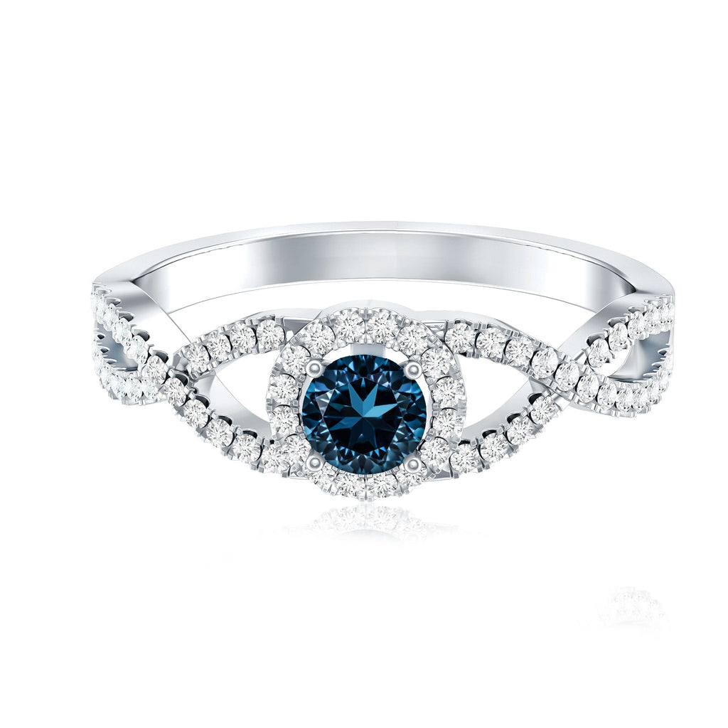 London Blue Topaz Crossover Engagement Ring with Diamond Halo