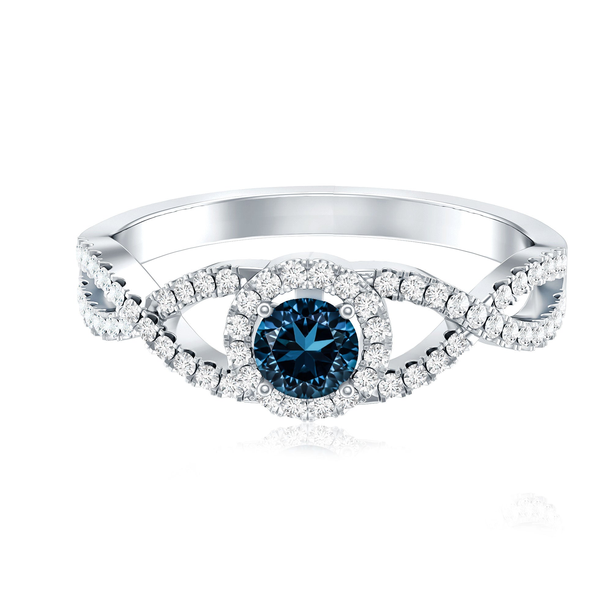 London Blue Topaz Crossover Engagement Ring with Diamond Halo