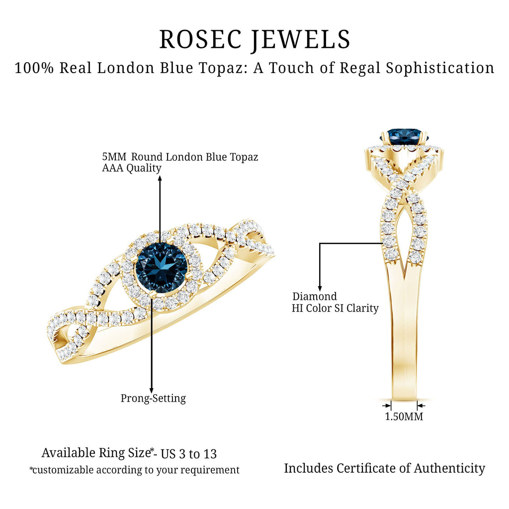 London Blue Topaz Crossover Engagement Ring with Diamond Halo