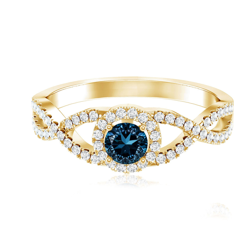 London Blue Topaz Crossover Engagement Ring with Diamond Halo
