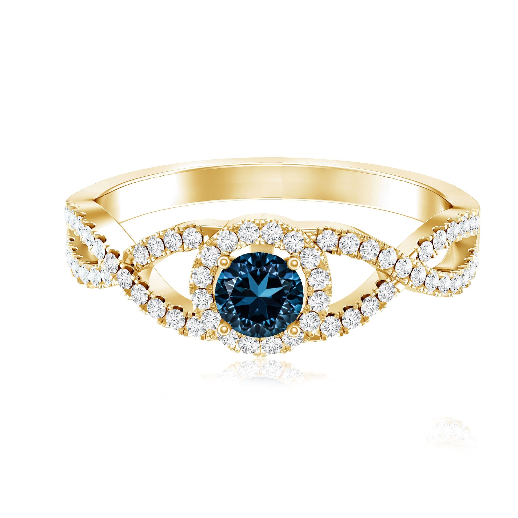 London Blue Topaz Crossover Engagement Ring with Diamond Halo