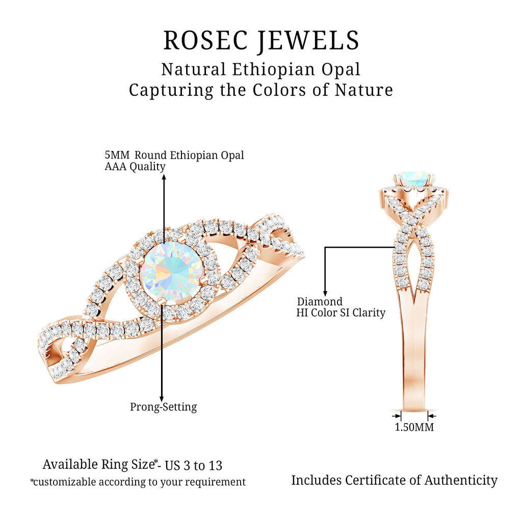 Natural Ethiopian Opal Diamond Engagement Ring with Criss Cross Shank