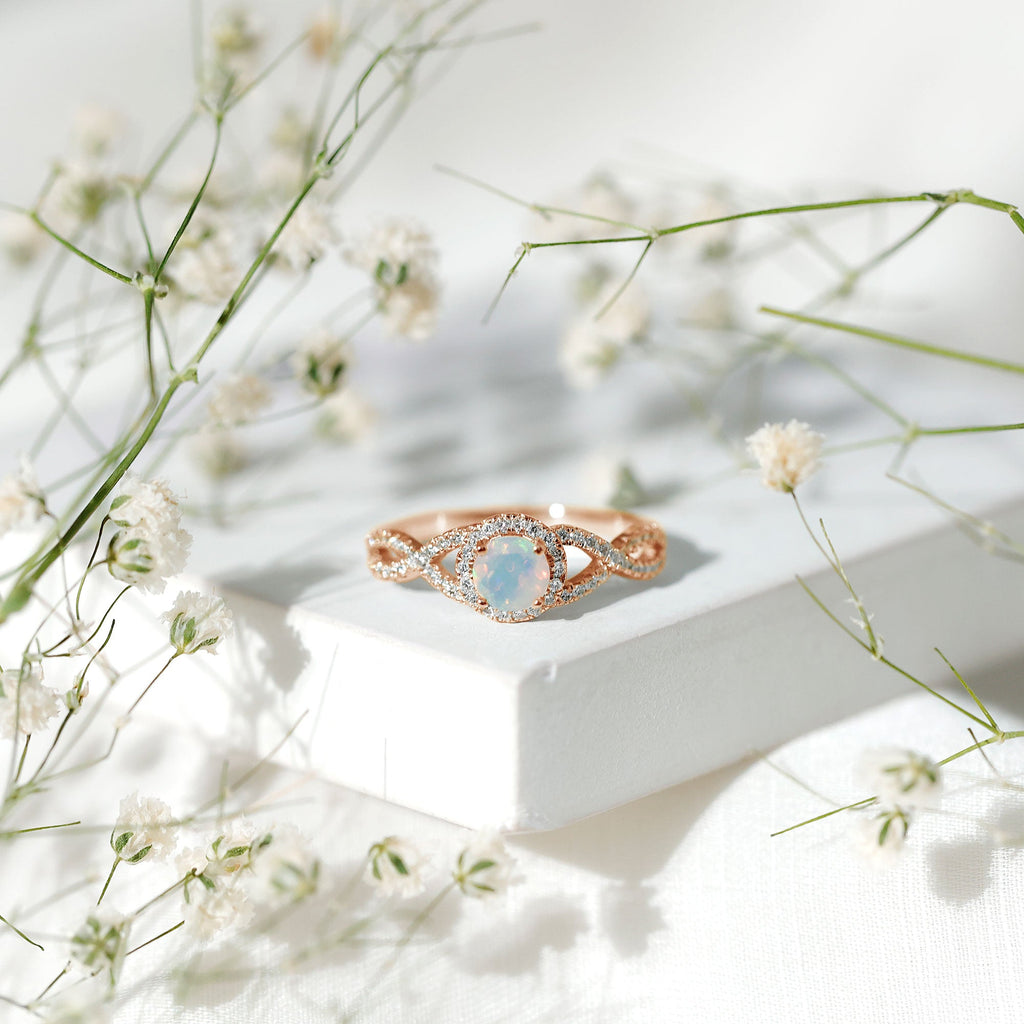 Natural Ethiopian Opal Diamond Engagement Ring with Criss Cross Shank
