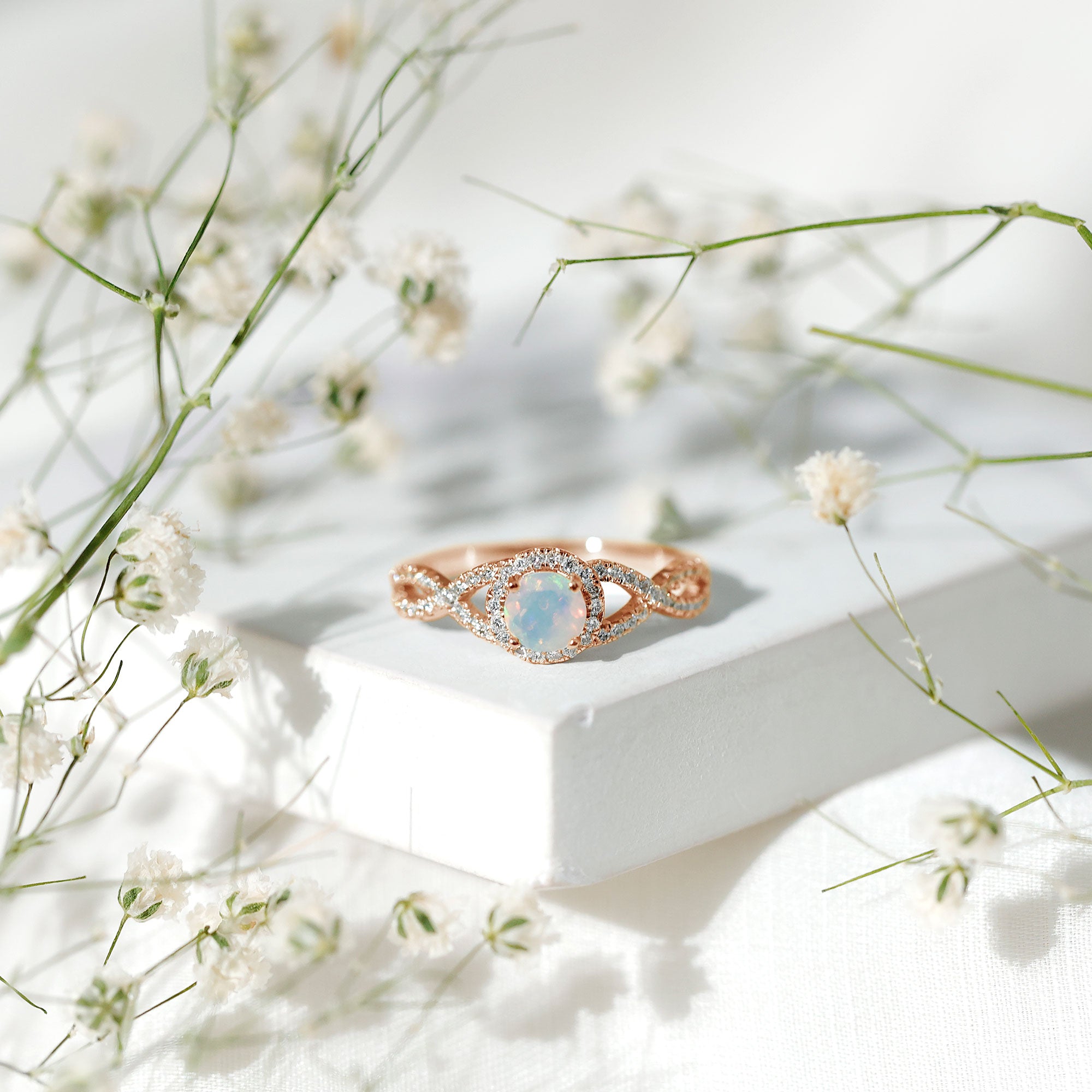 Natural Ethiopian Opal Diamond Engagement Ring with Criss Cross Shank