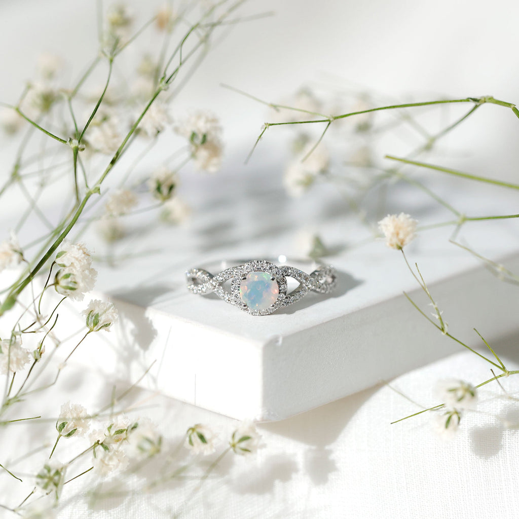 Natural Ethiopian Opal Diamond Engagement Ring with Criss Cross Shank