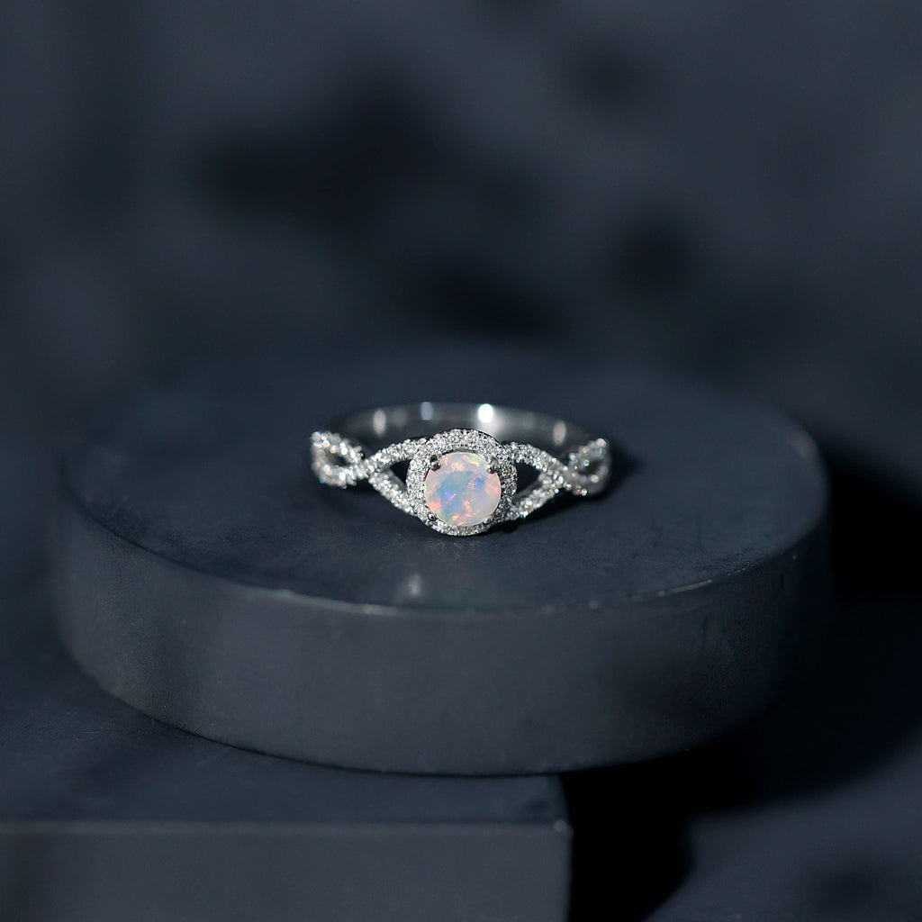 Natural Ethiopian Opal Diamond Engagement Ring with Criss Cross Shank
