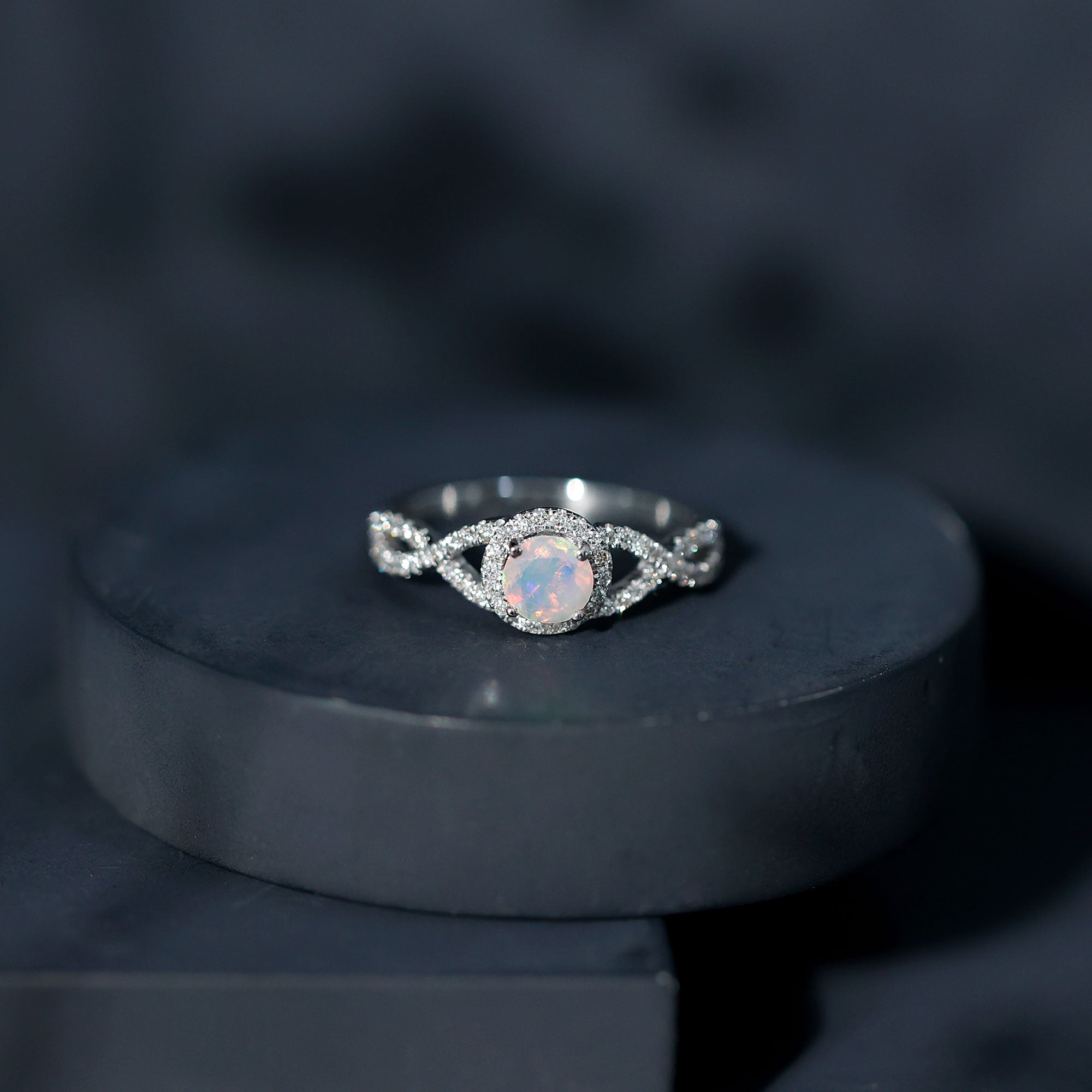 Natural Ethiopian Opal Diamond Engagement Ring with Criss Cross Shank