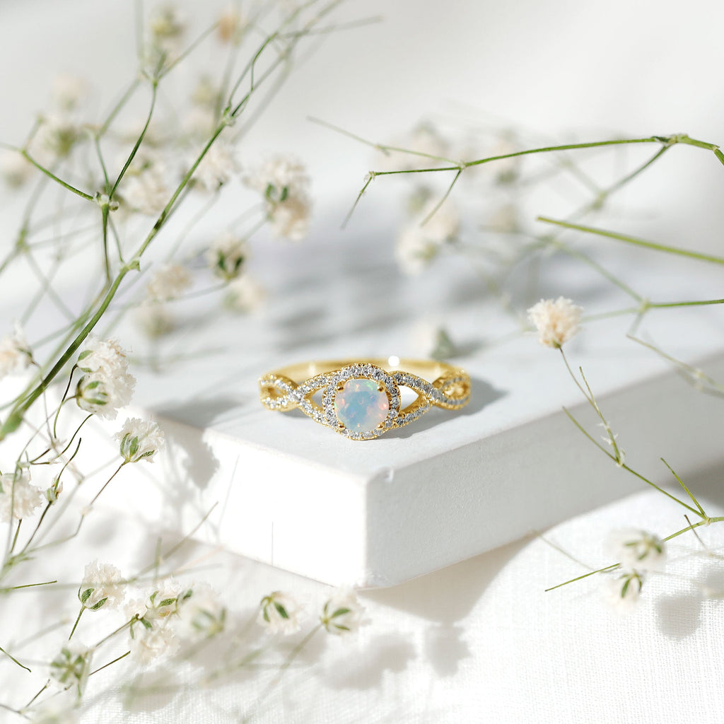 Natural Ethiopian Opal Diamond Engagement Ring with Criss Cross Shank