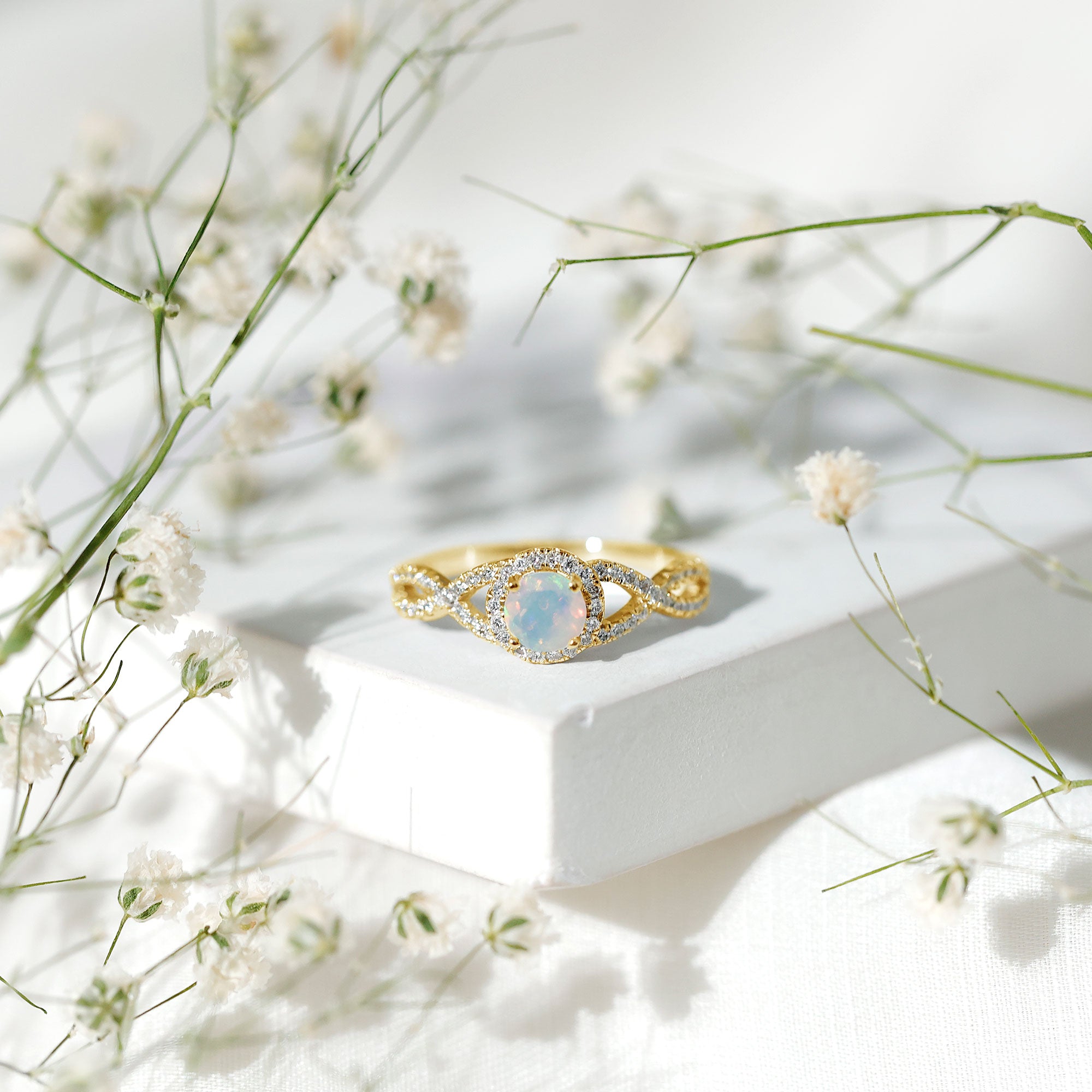 Natural Ethiopian Opal Diamond Engagement Ring with Criss Cross Shank
