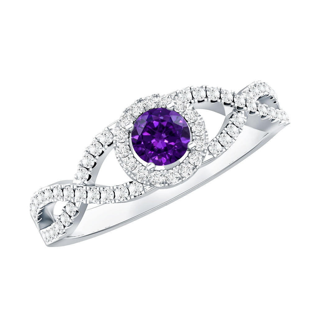 Real Amethyst Diamond Halo Engagement Ring with Criss Cross Shank