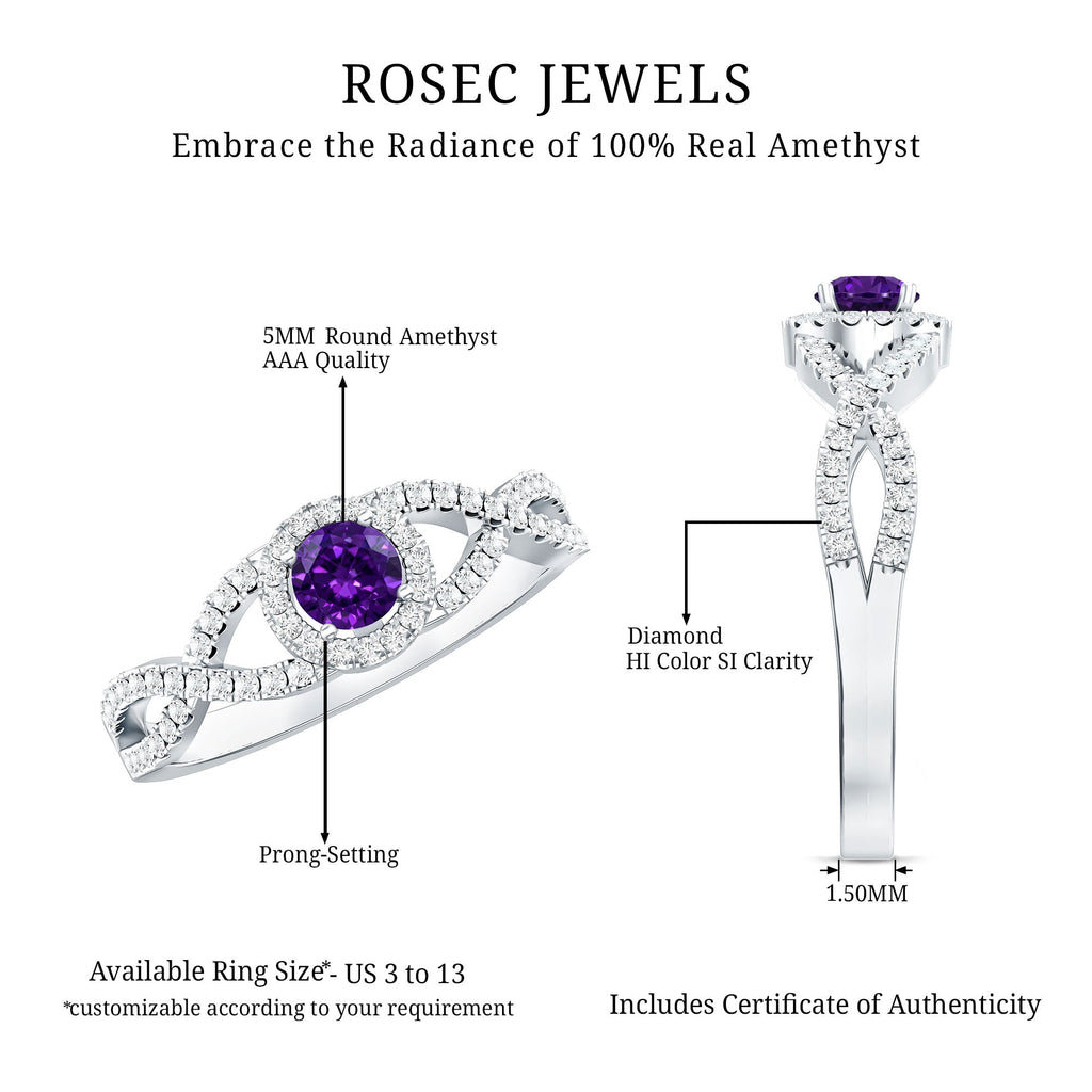 Real Amethyst Diamond Halo Engagement Ring with Criss Cross Shank