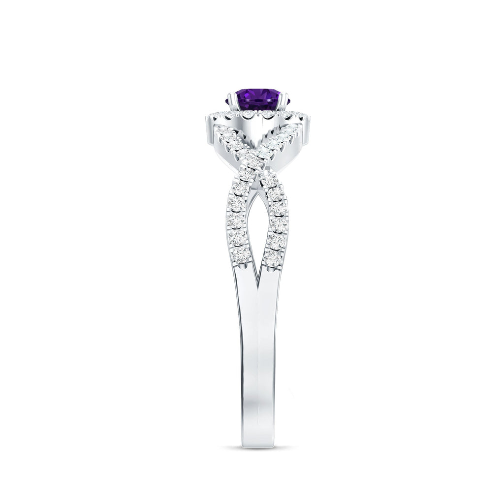 Real Amethyst Diamond Halo Engagement Ring with Criss Cross Shank